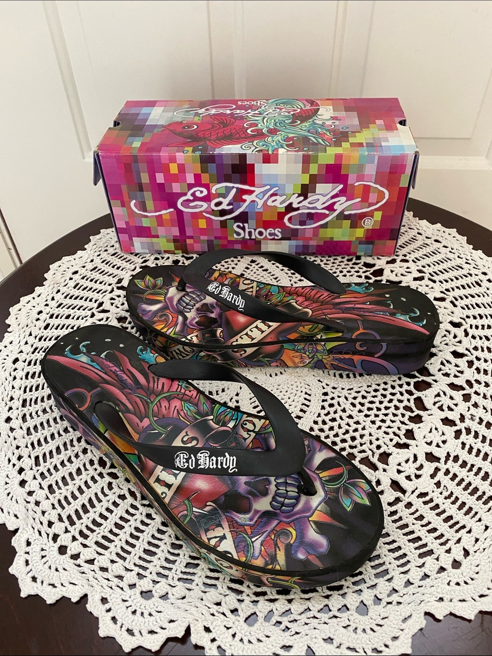 Ed Hardy Black Multicolor Tattoo-Print Wedge Sandals